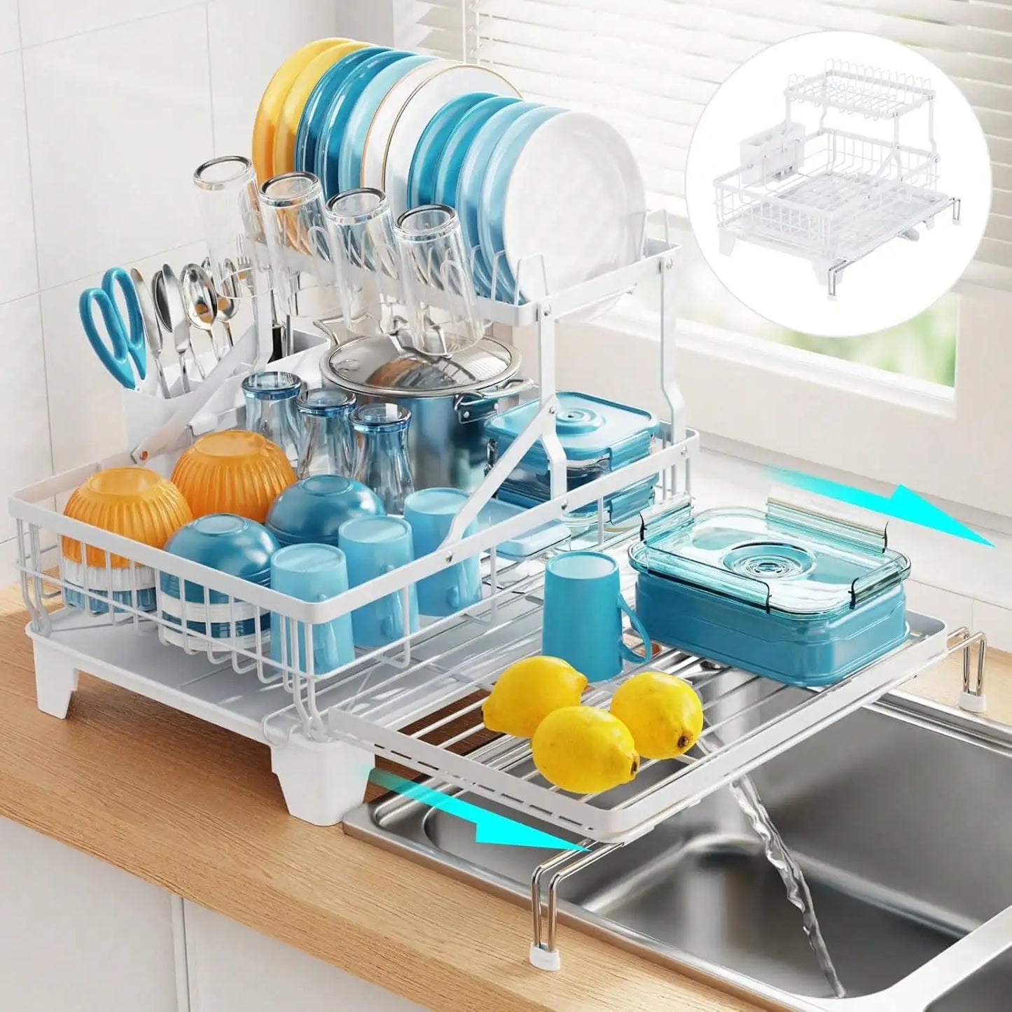 BCWW Kitchen Utensil Drying Rack With Drainage Tray, 2 Tier Detachable Dish Rack For Kitchen Counter, Large Capacity Dish Draine