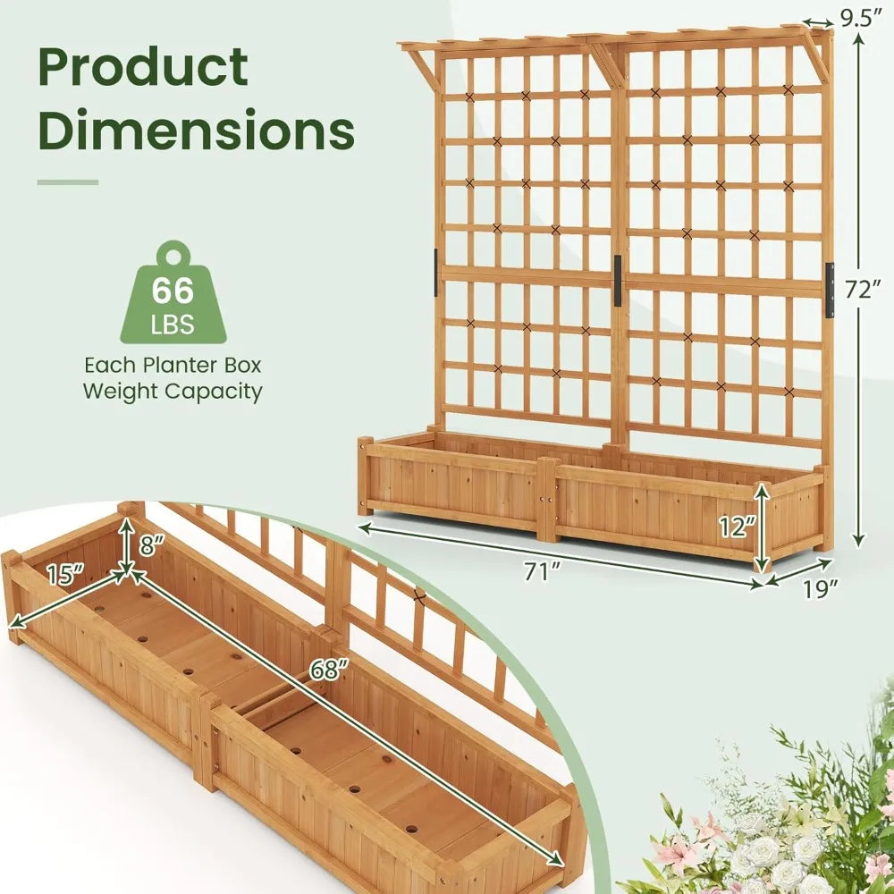 71" Raised Garden Bed with Trellis, Wood Planter Container w/2 Hanging Roof & Boxes, 4 Drainage Holes, Removable Bottom Plate