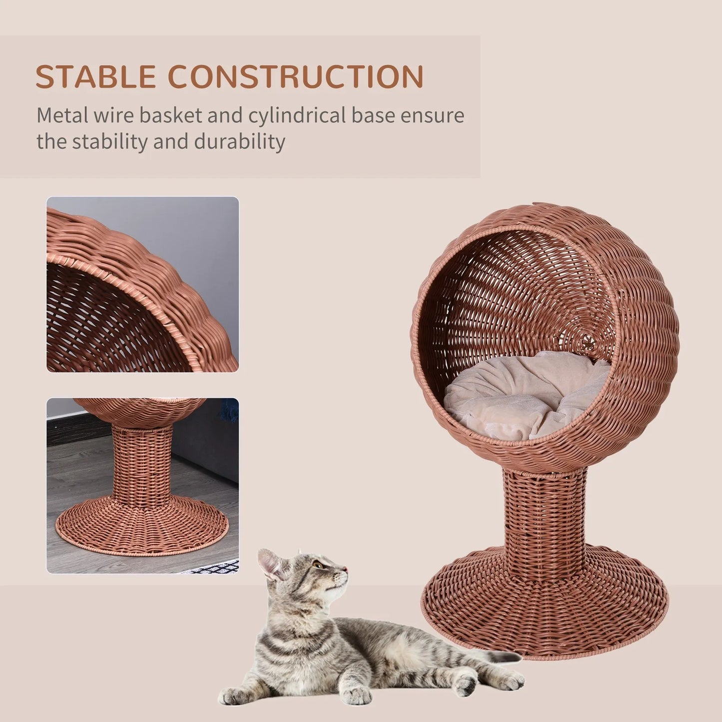 27" Rattan Wicker Elevated Pet Bed Cat Cave Condo Hooded Cushion Scratch House