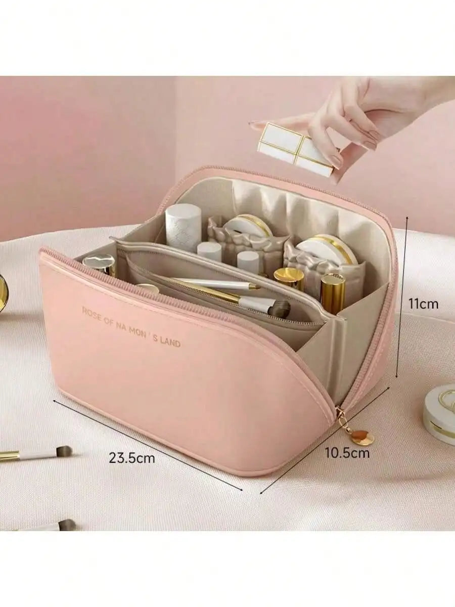 PU Leather Waterproof Cosmetic Bag, Portable Cosmetic Bag, Cosmetics Storage Bag, Large Capacity Spacious Double-Layer Makeup Bag, Suitable For Cosmetics, Skin Care Products, Cosmetic Storage And Storage.