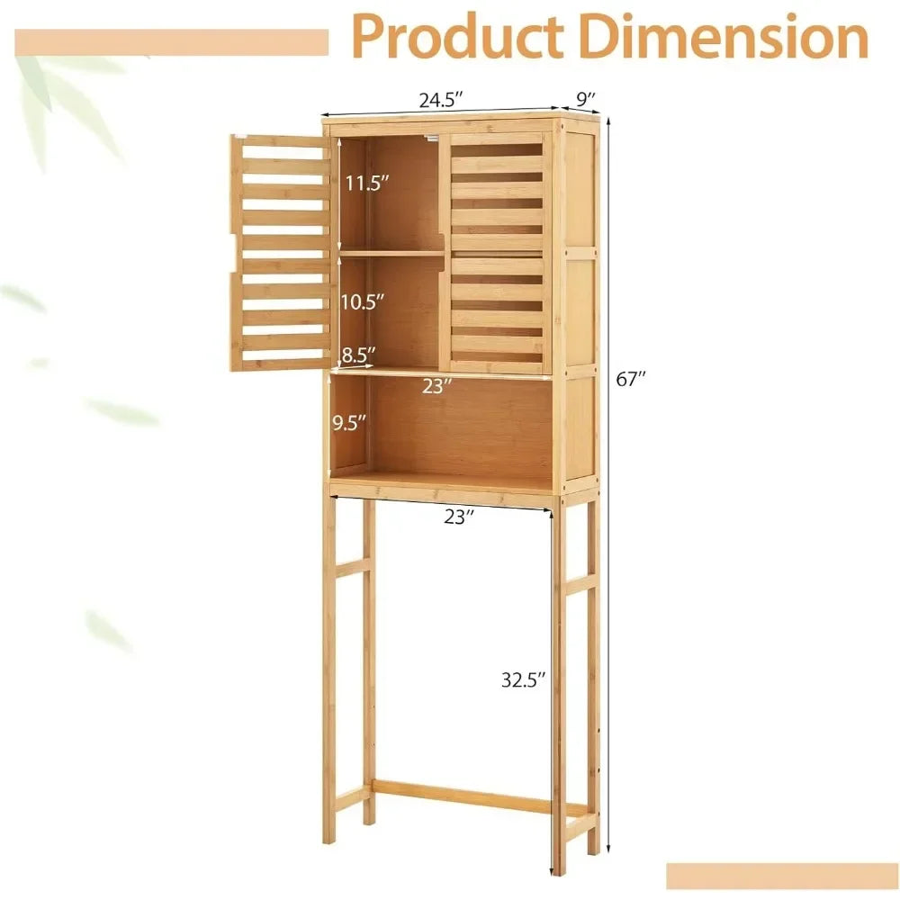 Bamboo Freestanding Bathroom Shelf With Doors And Open Storage