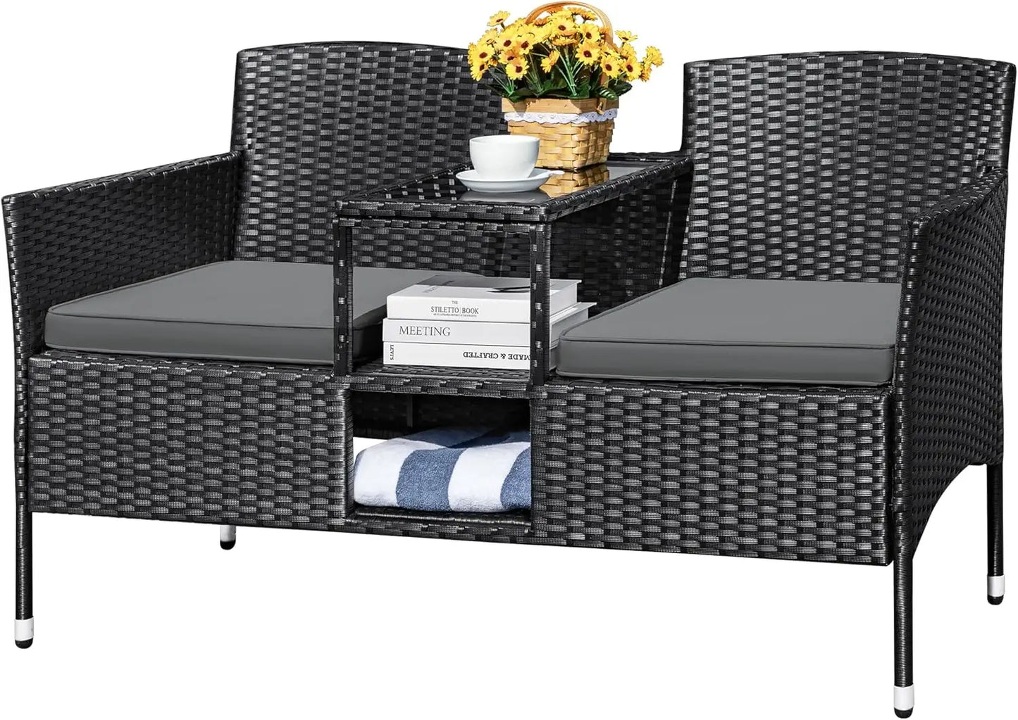 Outdoor Patio Loveseat Modern Rattan Two Seat Conversation Set With Cushions