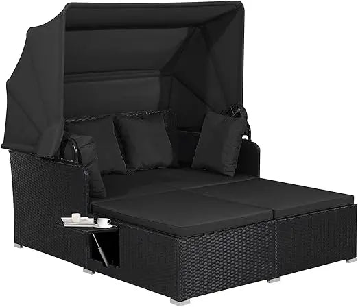Patio Rattan Daybed Wicker Lounger With Retractable Canopy Cushions