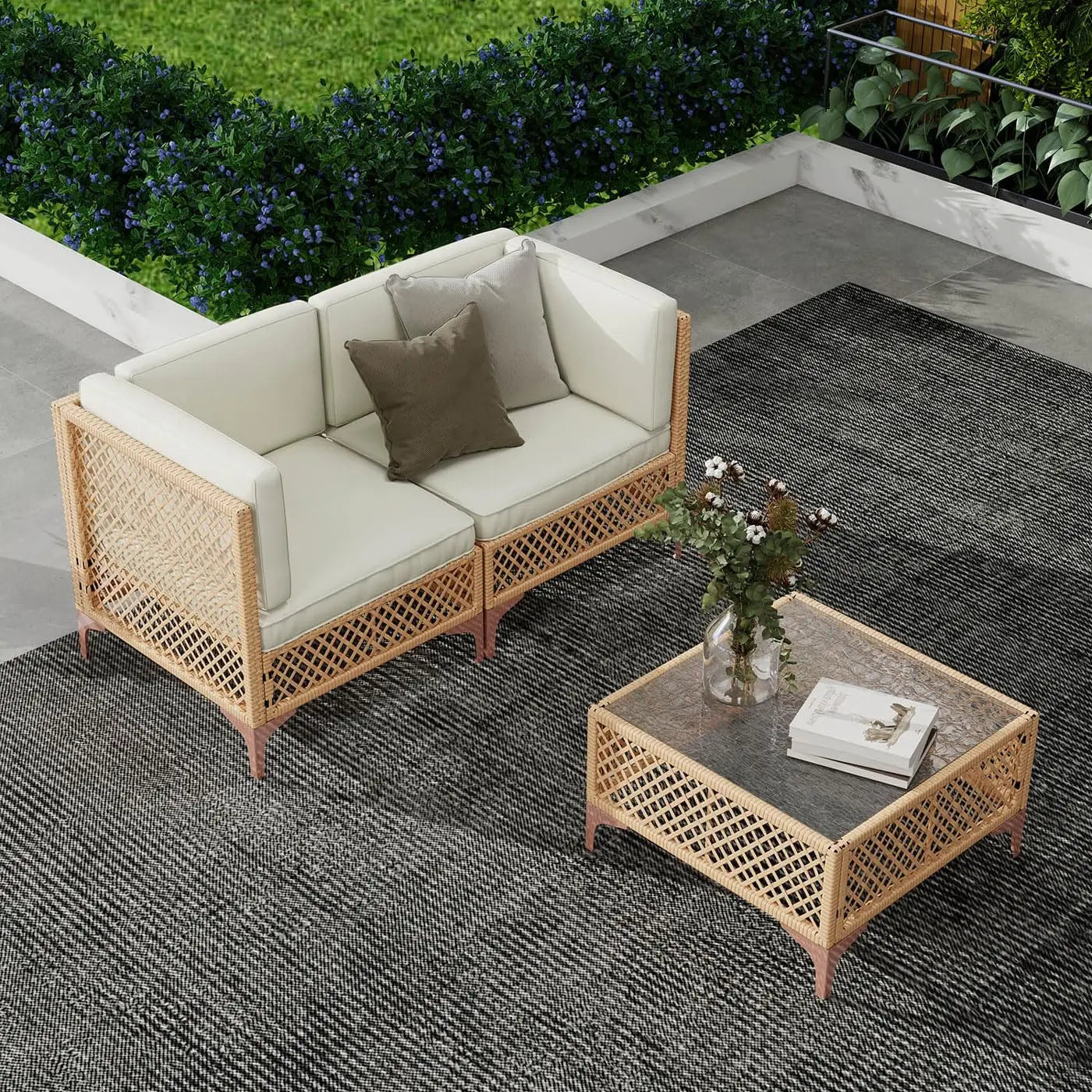 XIAOLANG Outdoor Patio Furniture Set Boho Wicker With Tempered Glass