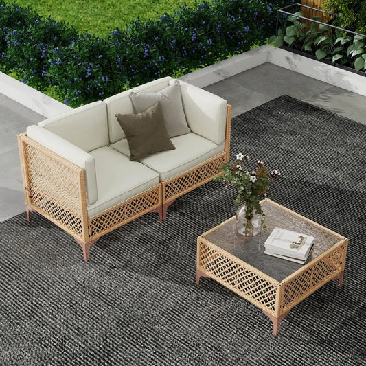 XIAOLANG Outdoor Patio Furniture Set Boho Wicker With Tempered Glass