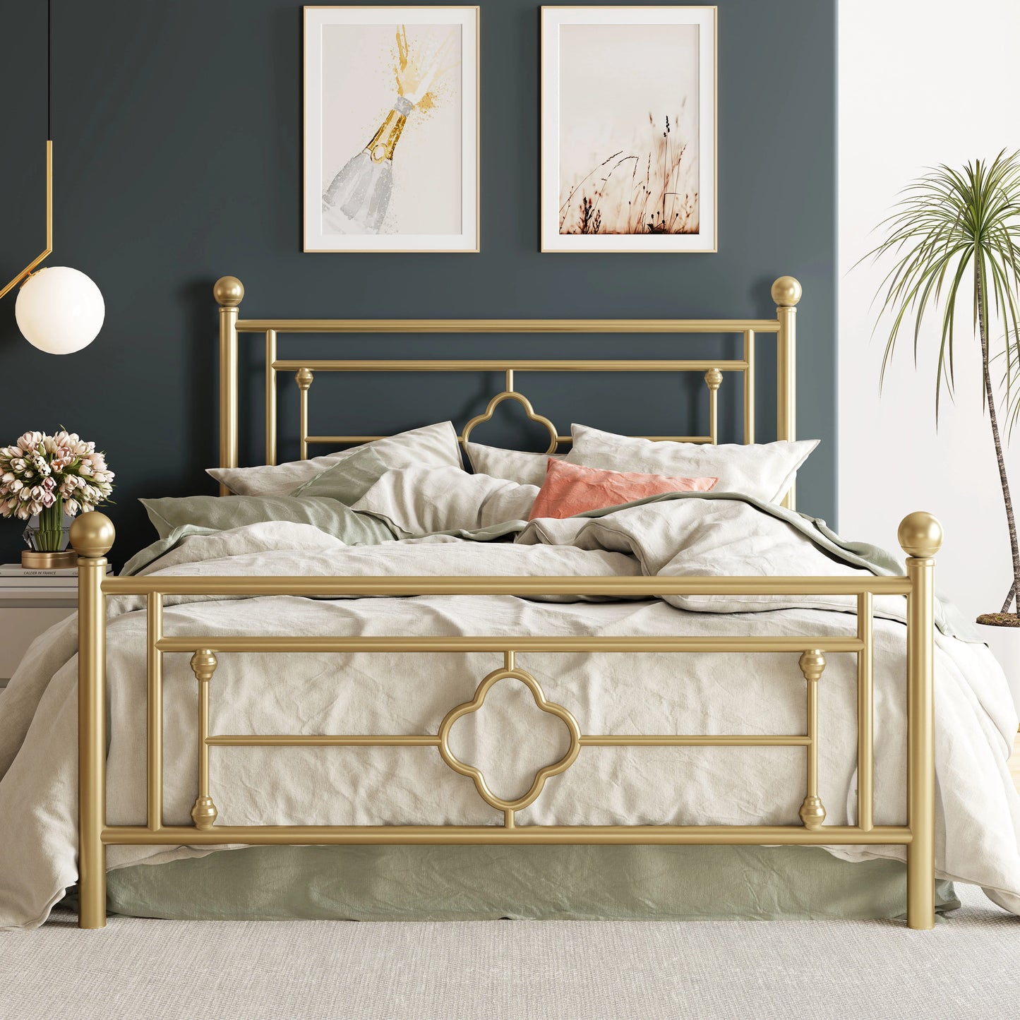 HOOMIC Metal Platform Bed Frame With Wrought Iron Headboard