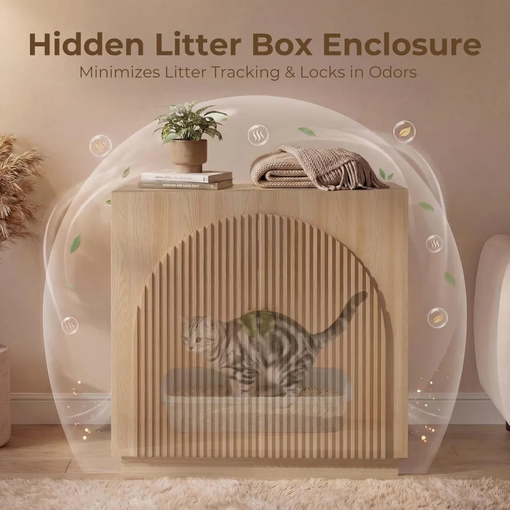 Large Hidden Cat Litter Box Enclosure, Fluted Cabinet with Storage, Symmetrical Curved Accent Sideboard Furniture