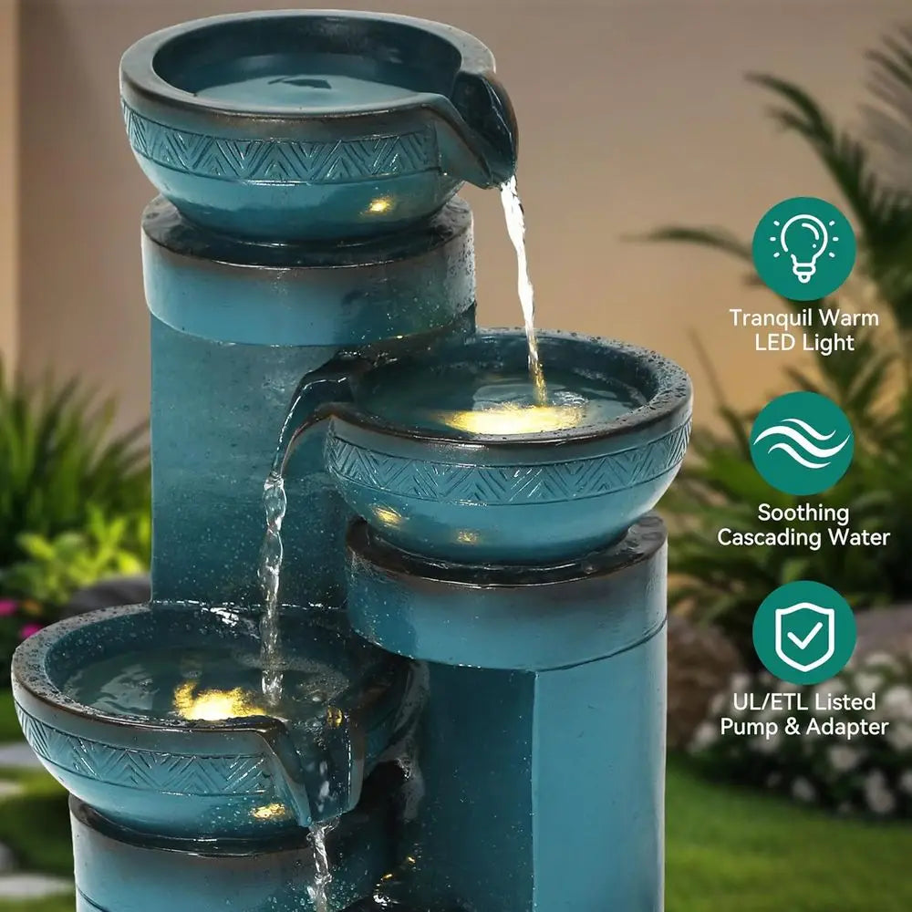 4-Tier Cascading Pedestal Outdoor Water Fountain With LED Lights
