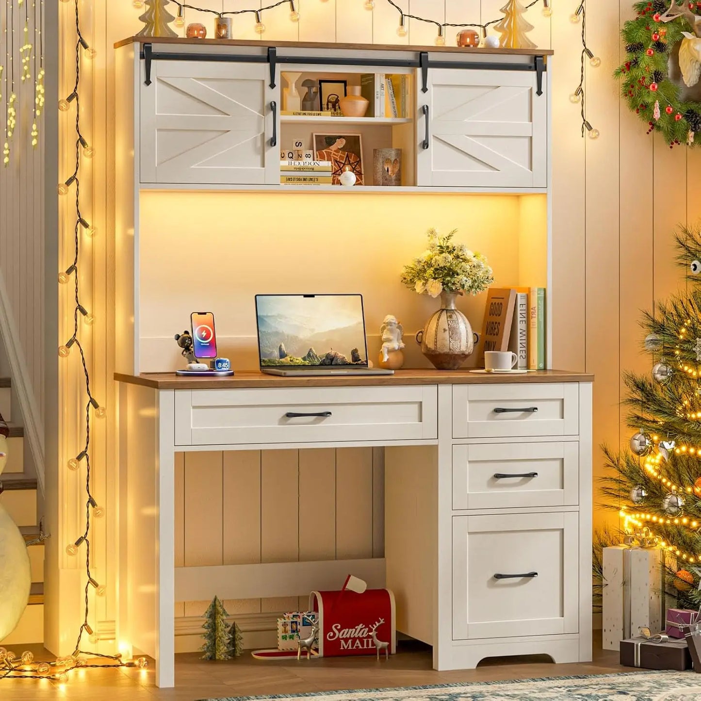 Executive Desk Hutch with LED Light 5 Drawers Charging Station