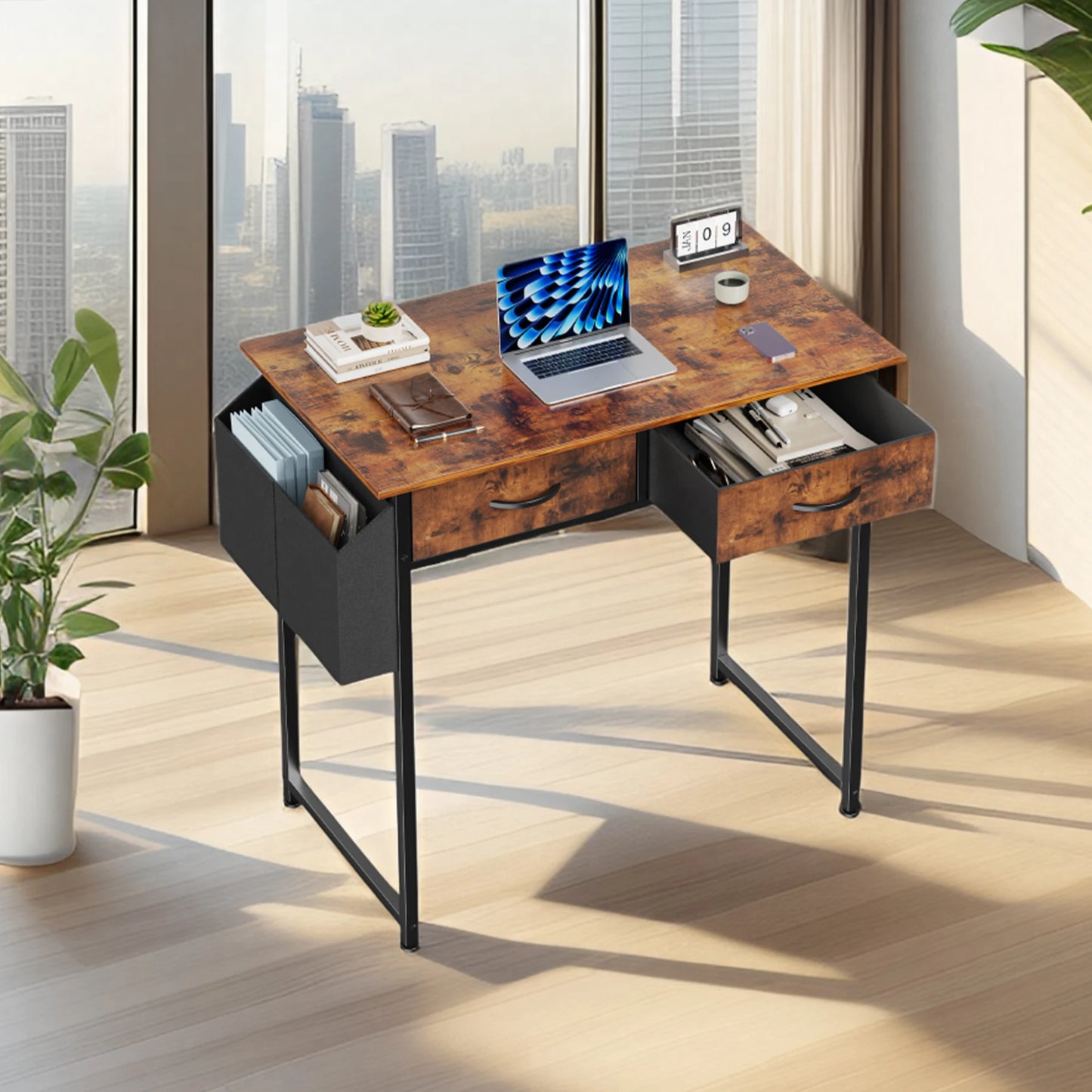 JHK Modern Office Desk With Fabric Drawers And Metal Frame