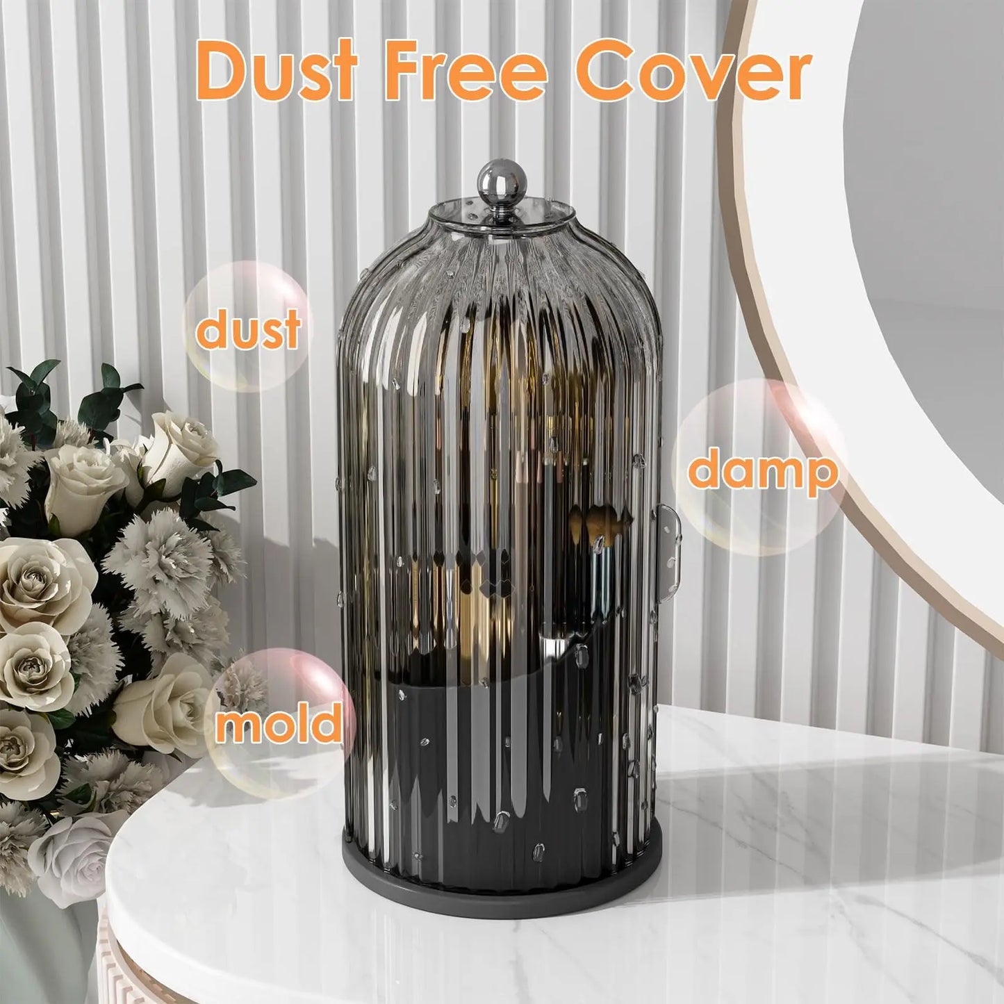 Rotating Makeup Brush Organizer With Dustproof Lid For Vanity Table