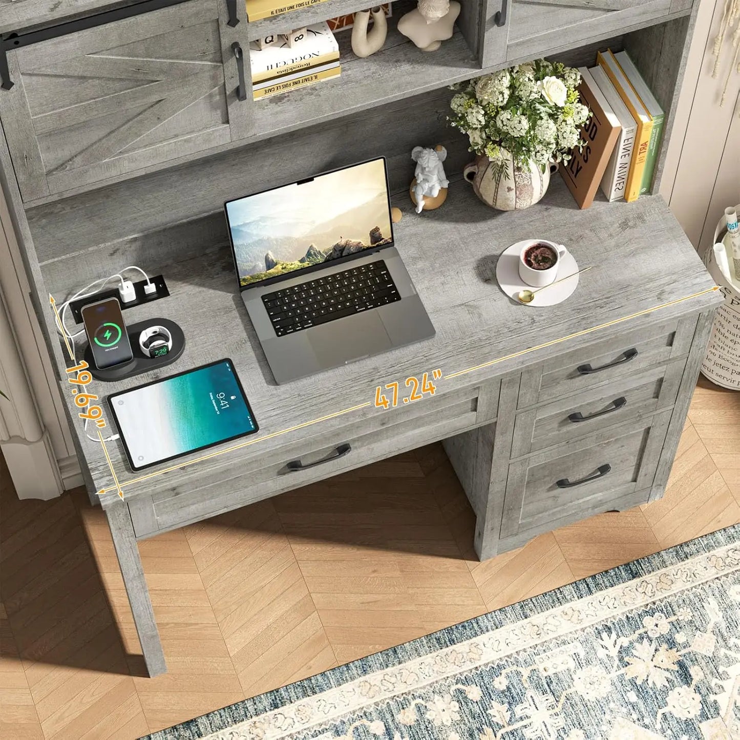 Executive Desk Hutch with LED Light 5 Drawers Charging Station