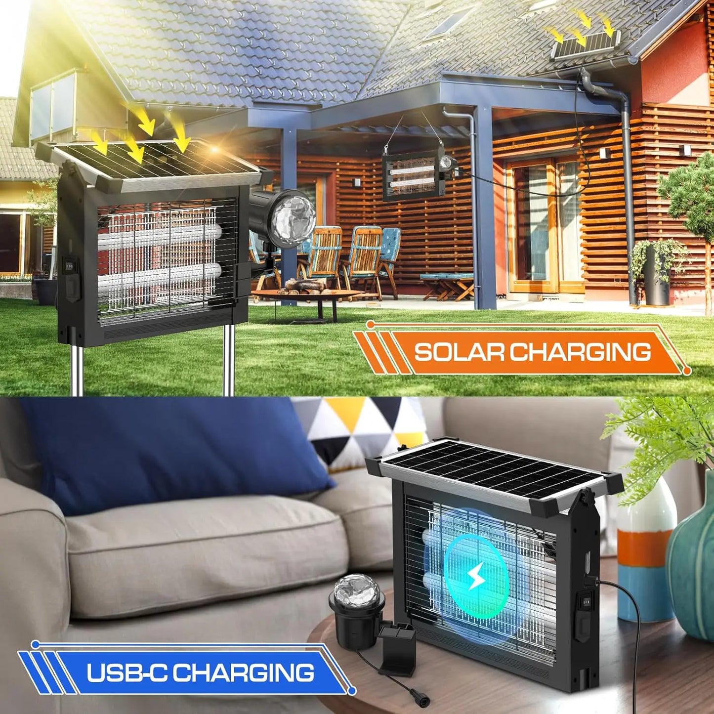 Solar Bug Zapper 4500V 2in1 Rechargeable IP66 Waterproof Projection Light