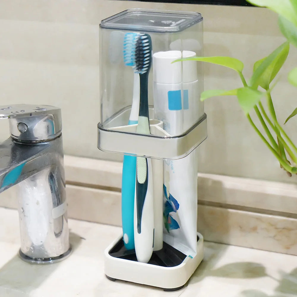 Toothbrush Holder With Cup And Cover For Bathroom Storage