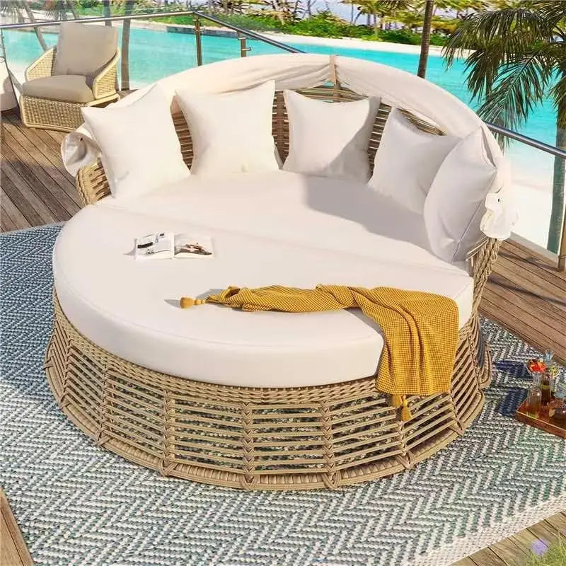 Outdoor Patio Rattan Round Daybed With Retractable Canopy Sunbed