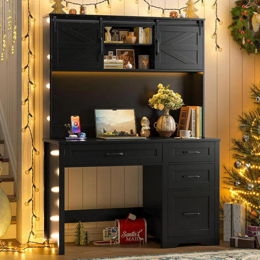 Executive Desk Hutch with LED Light 5 Drawers Charging Station