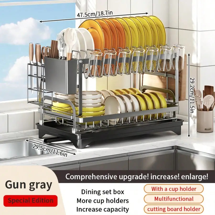 Kusuxva This Double-Layer Metal Kitchen Countertop Dish Rack Is Space-Saving And Durable. It Comes With A Knife And Fork Holder,
