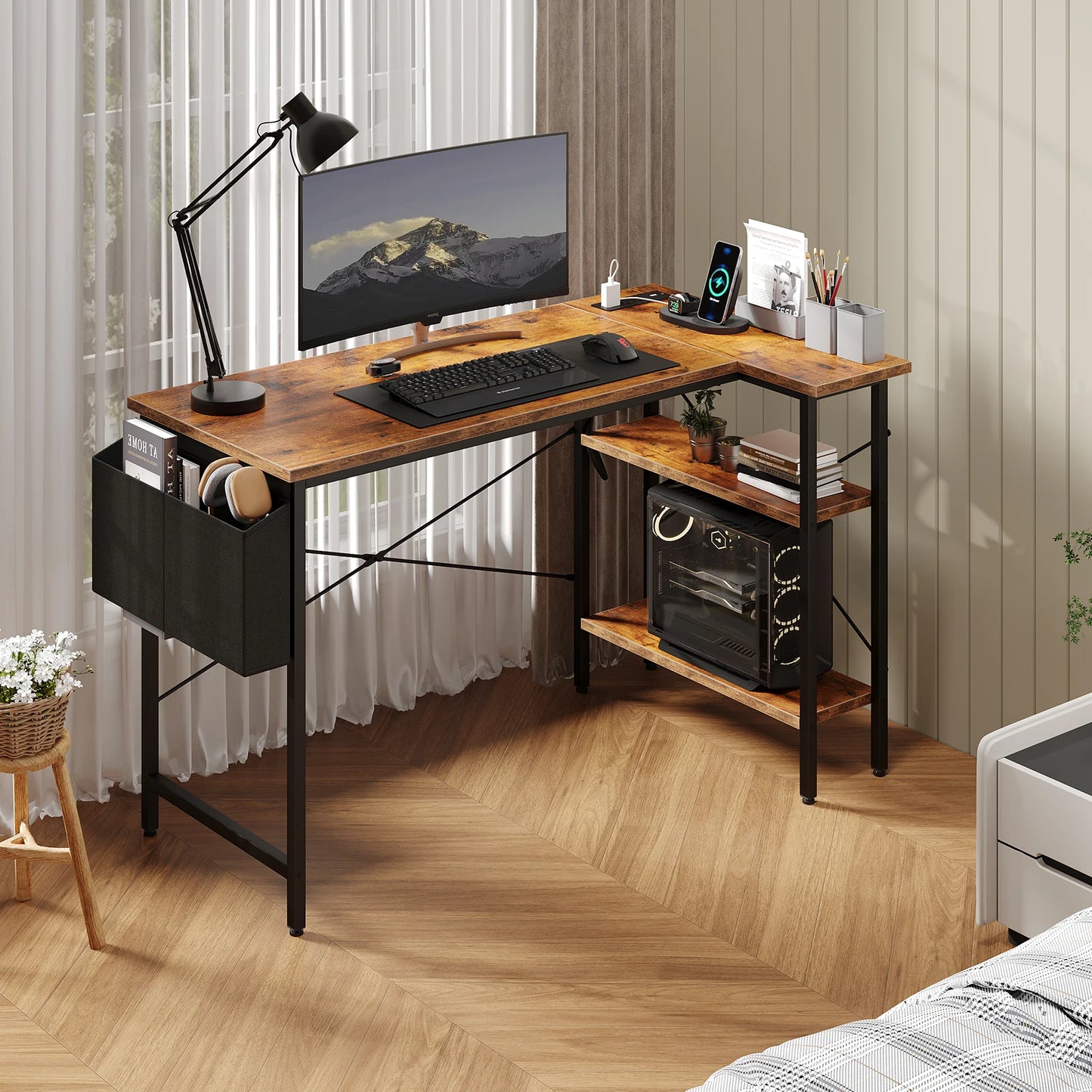 JHK L Shaped Corner Gaming Desk With Power Strip Storage Shelves