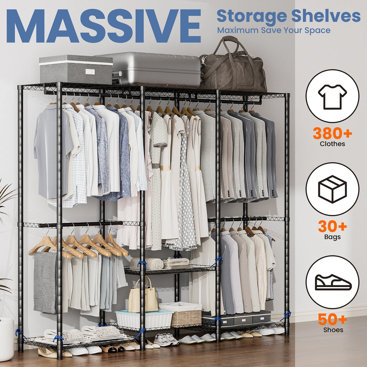 Portable Closet Storage Wardrobe Large DIY Household Non-Woven Fabric Cover Adjustable Bottom Height Portable Closet Organizer