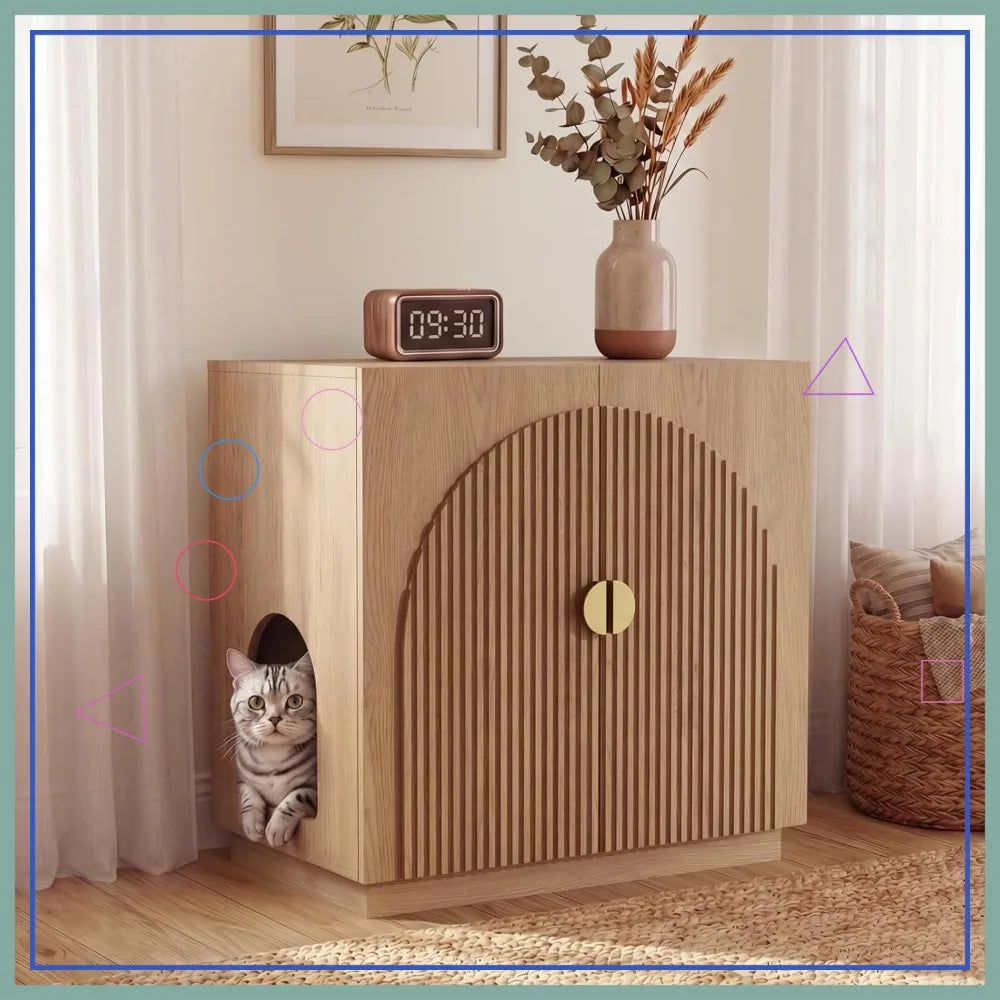 Large Hidden Cat Litter Box Enclosure, Fluted Cabinet with Storage, Symmetrical Curved Accent Sideboard Furniture
