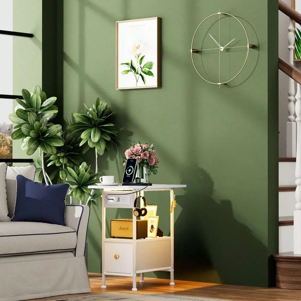 Cloth Shaft Cabinet, White Leather, Two-Story Open-Plan Storage Table, One Drawer, Small Space, Can Be Placed Next To The Sofa