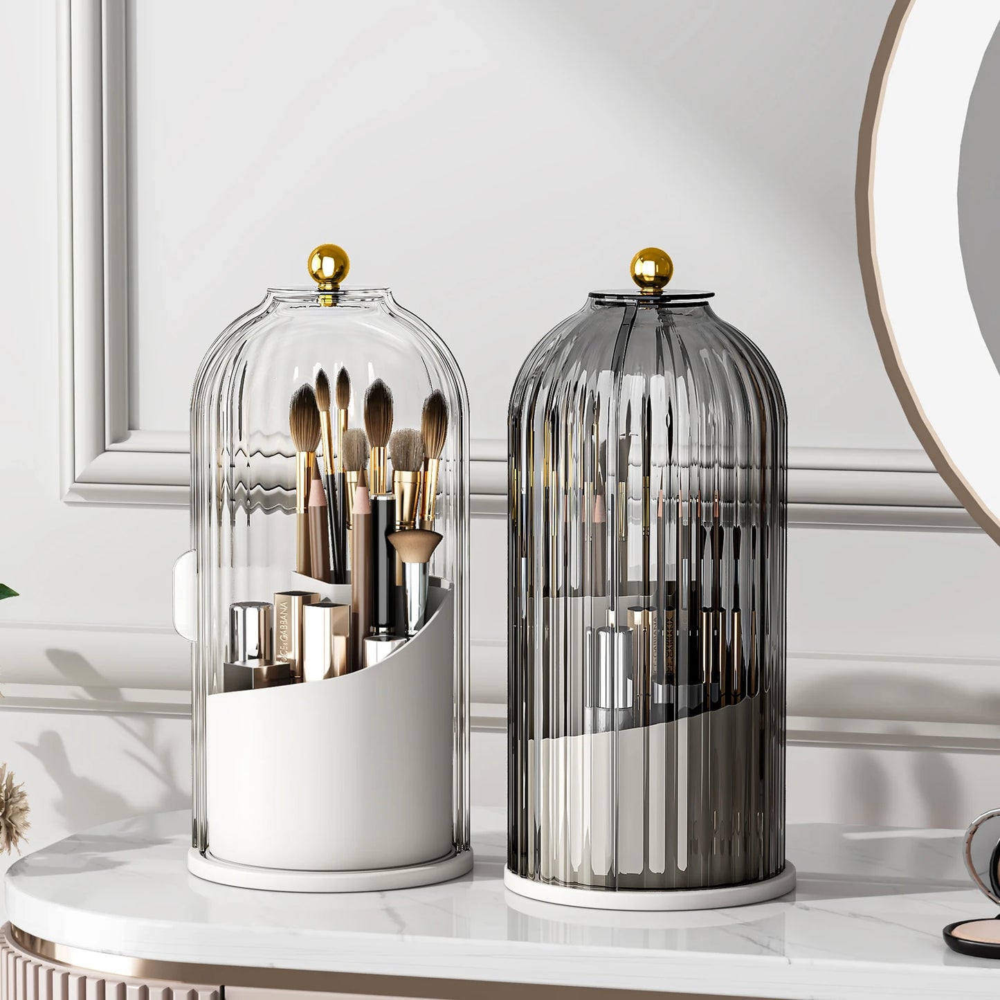 Rotating Makeup Brush Organizer With Dustproof Lid For Vanity Table