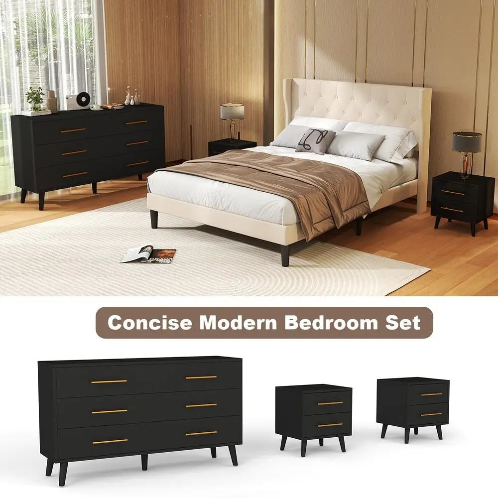 Scandinavian Style Bedroom Set With Six Drawer Dresser And Nightstands