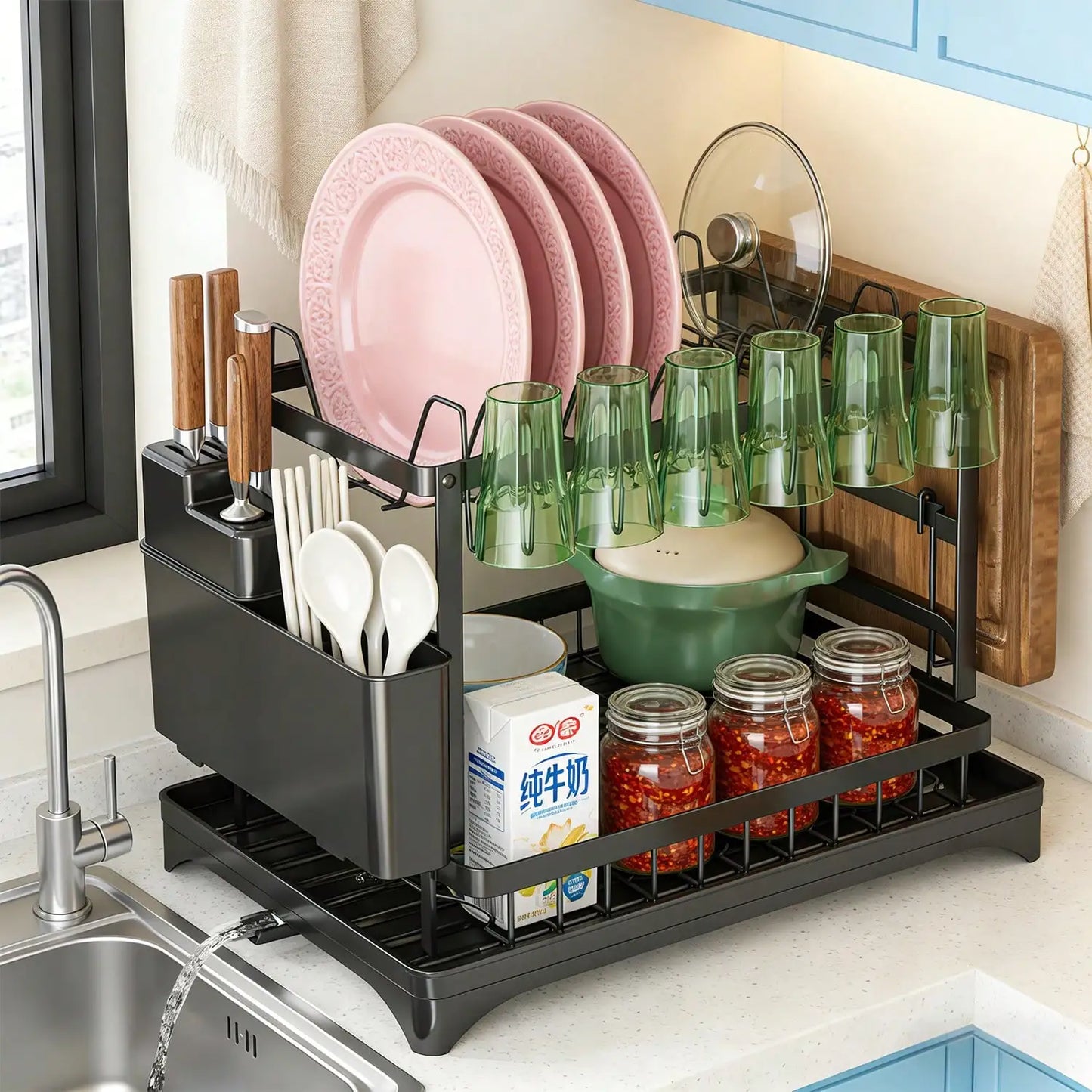 Dish Drying Rack, 2 Tier Large Dish Drying Rack For Kitchen Counter With Drainboard Stainless Steel Dish Drainer For Dish/Knifes