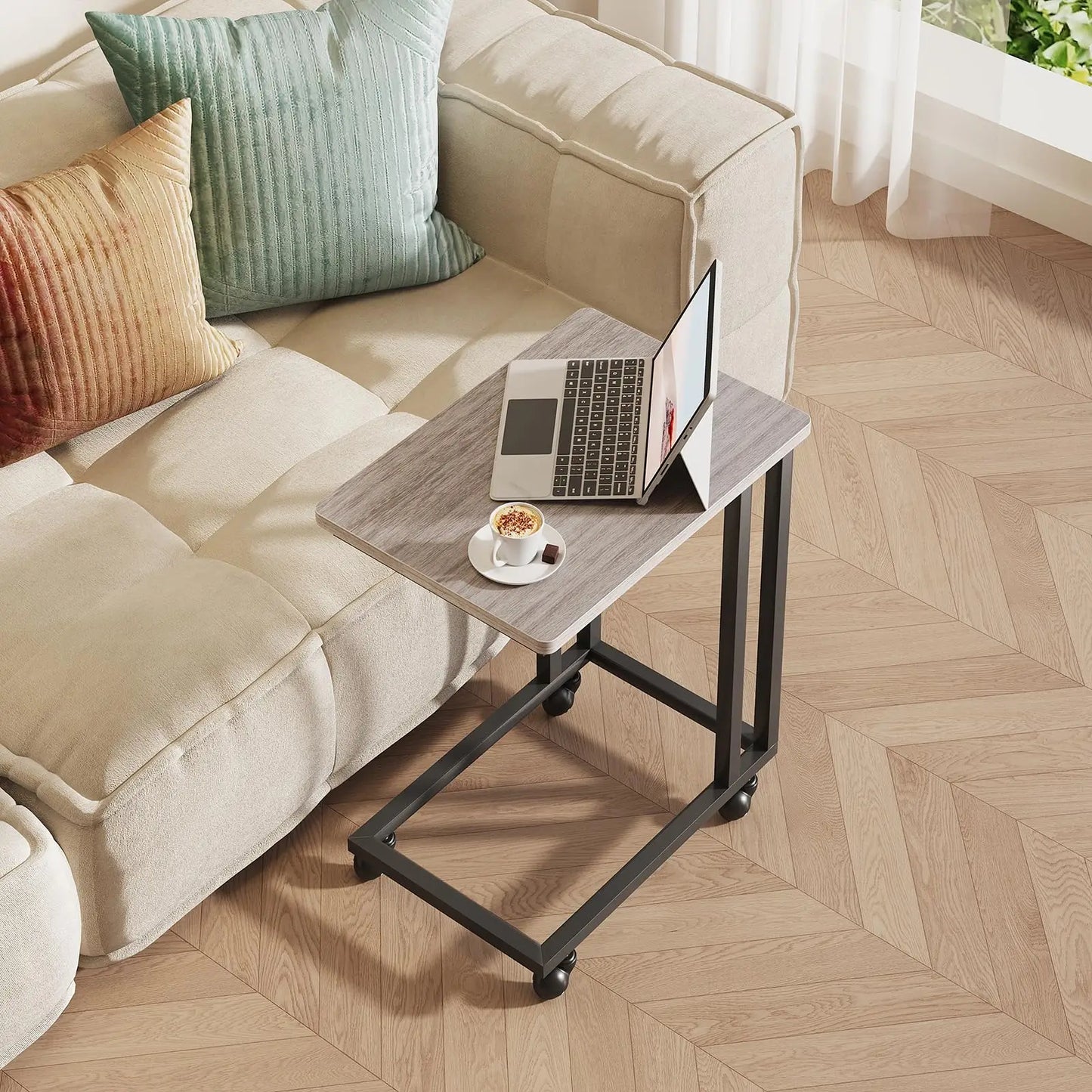 JHK Wood Sofa Table Overbed Bedside Desk With Rolling Wheels Metal Frame