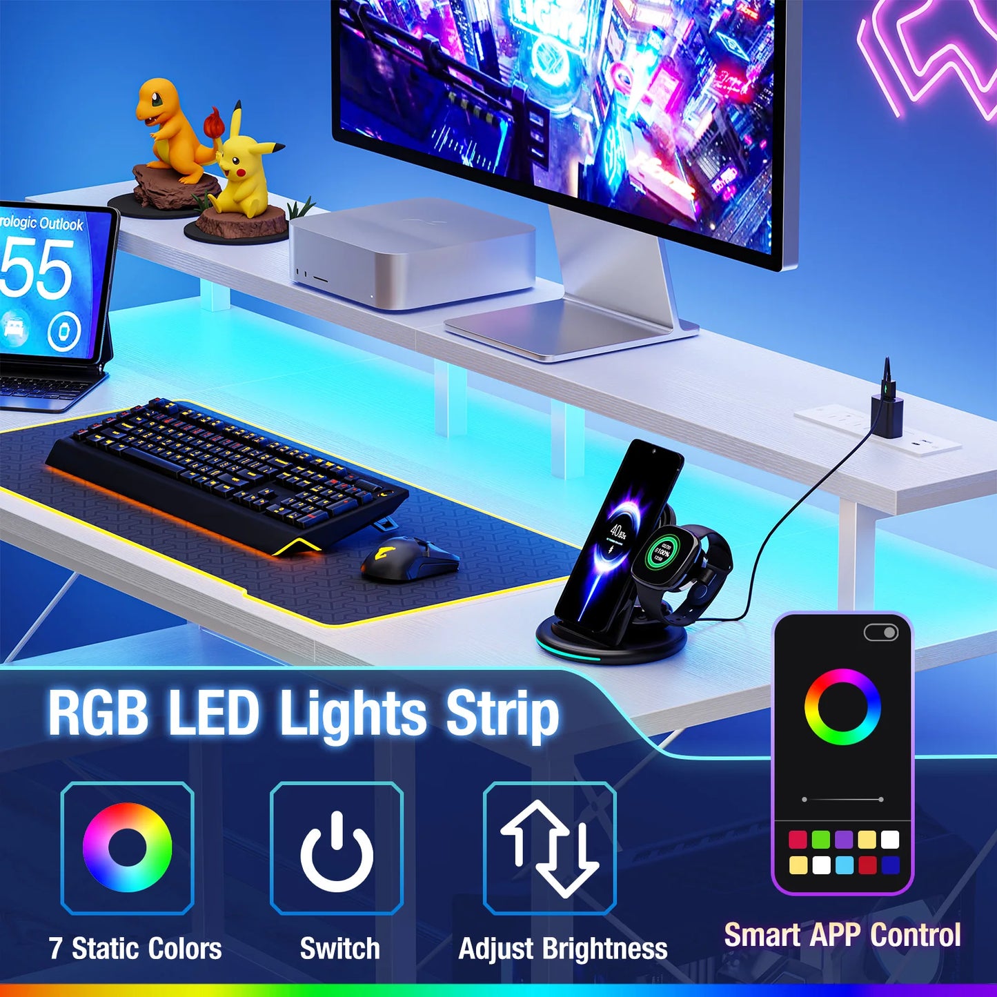 JHK Computer Desk With Shelves, Drawers, LED Lights, Power Outlets