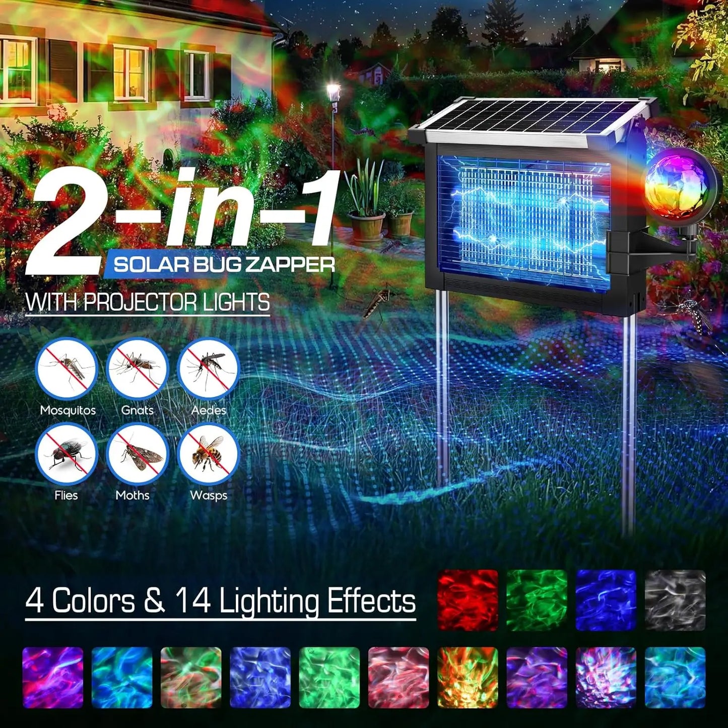 Solar Bug Zapper 4500V 2in1 Rechargeable IP66 Waterproof Projection Light