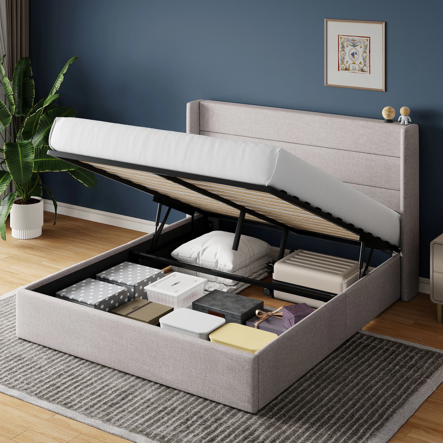 HOOMIC Lift Up Storage Bed With Wingback Headboard And Hydraulic