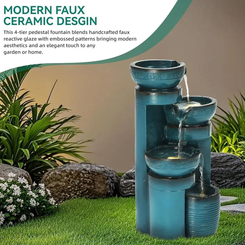 4-Tier Cascading Pedestal Outdoor Water Fountain With LED Lights