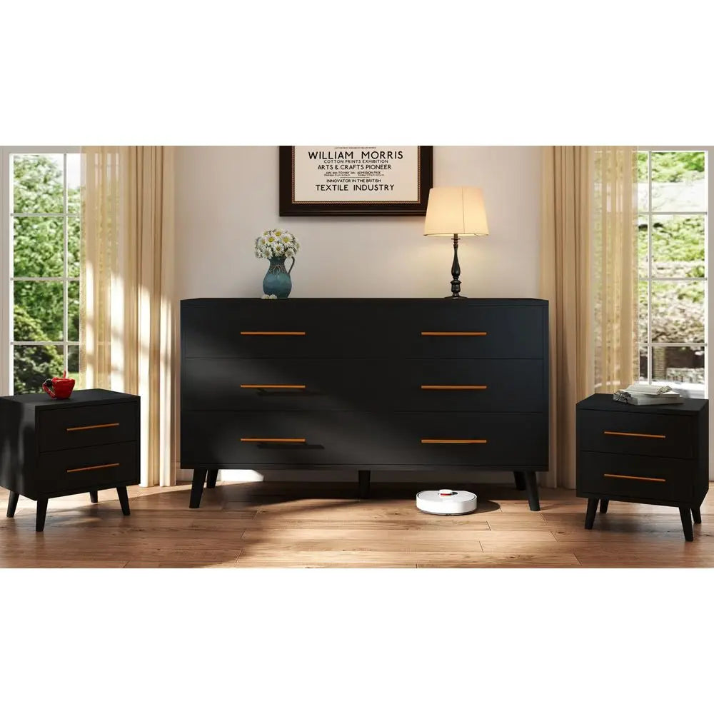 Scandinavian Style Bedroom Set With Six Drawer Dresser And Nightstands