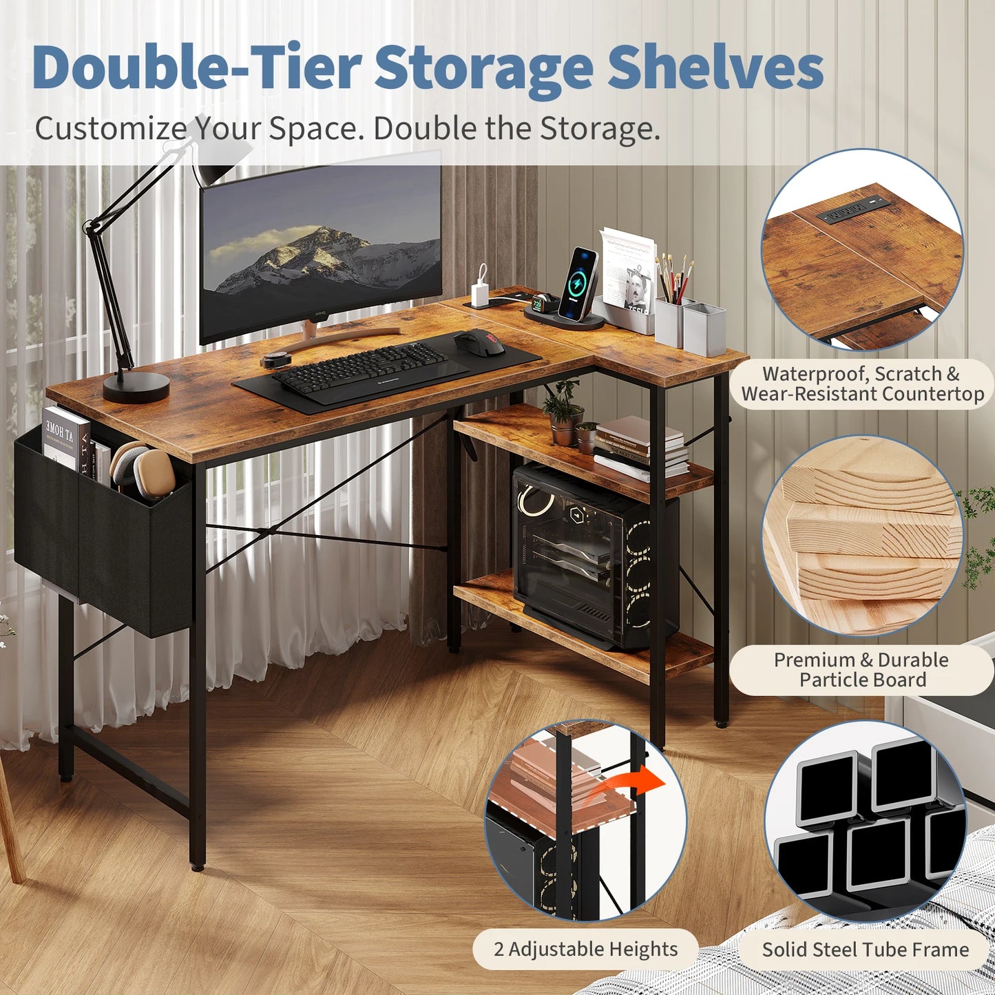 JHK L Shaped Corner Gaming Desk With Power Strip Storage Shelves