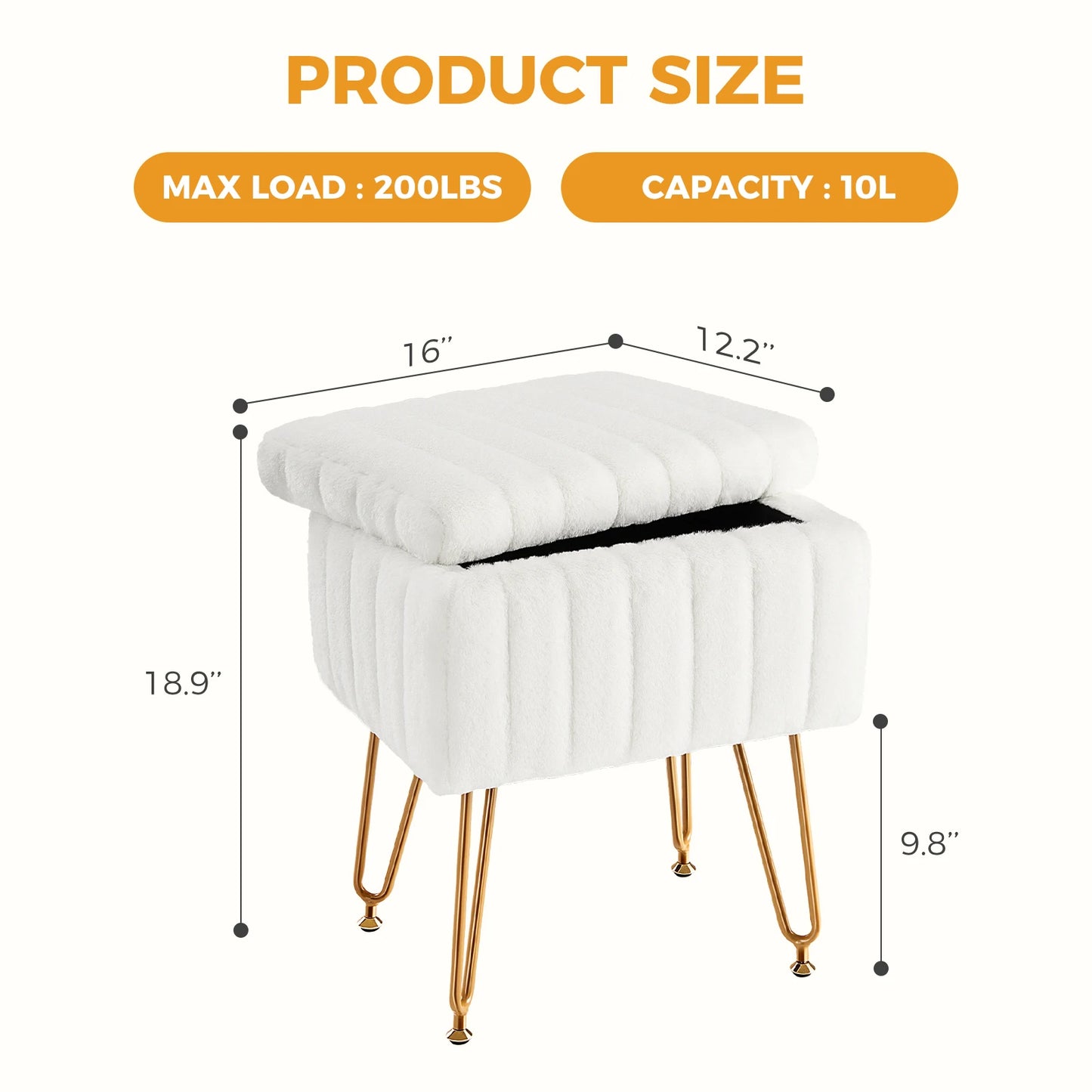 JHK Faux Fur Storage Ottoman With Padded Metal Legs