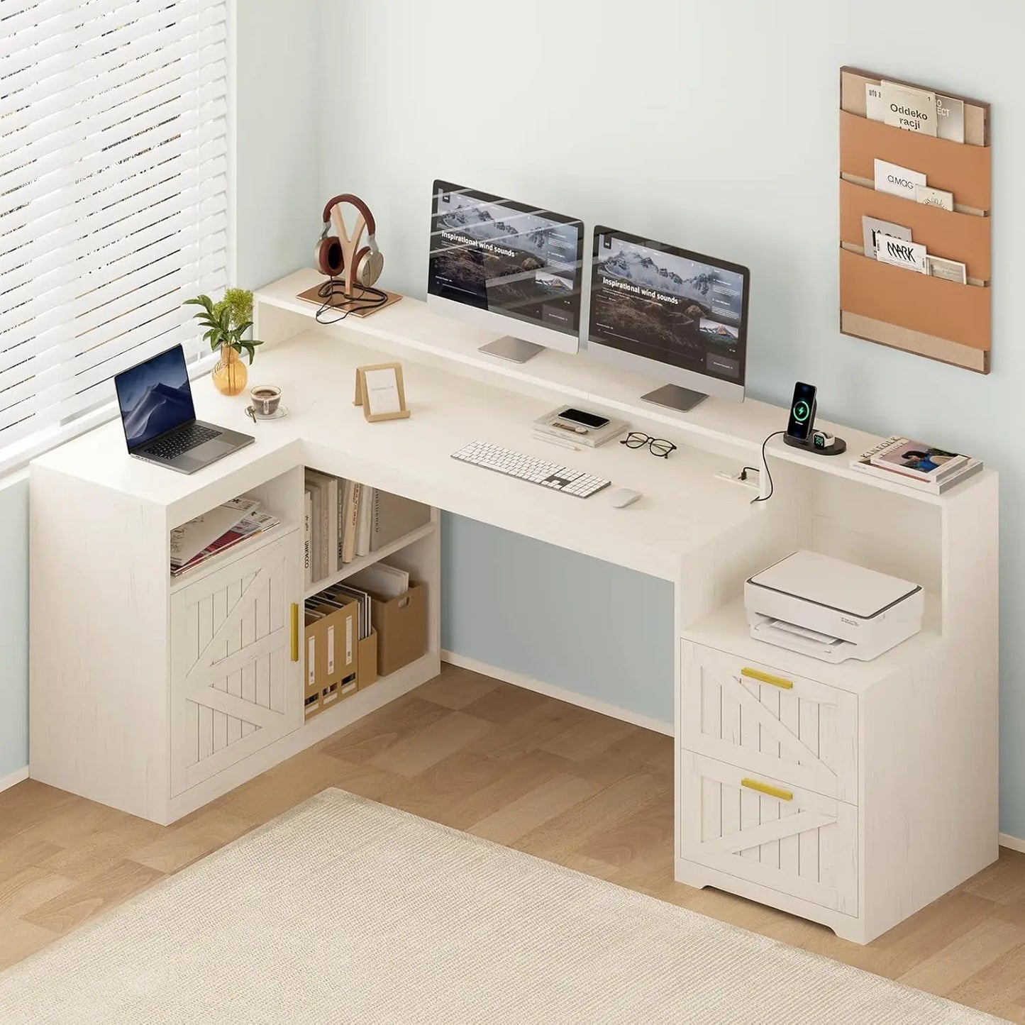 Farmhouse L Shaped Desk With Drawers And Power Outlet
