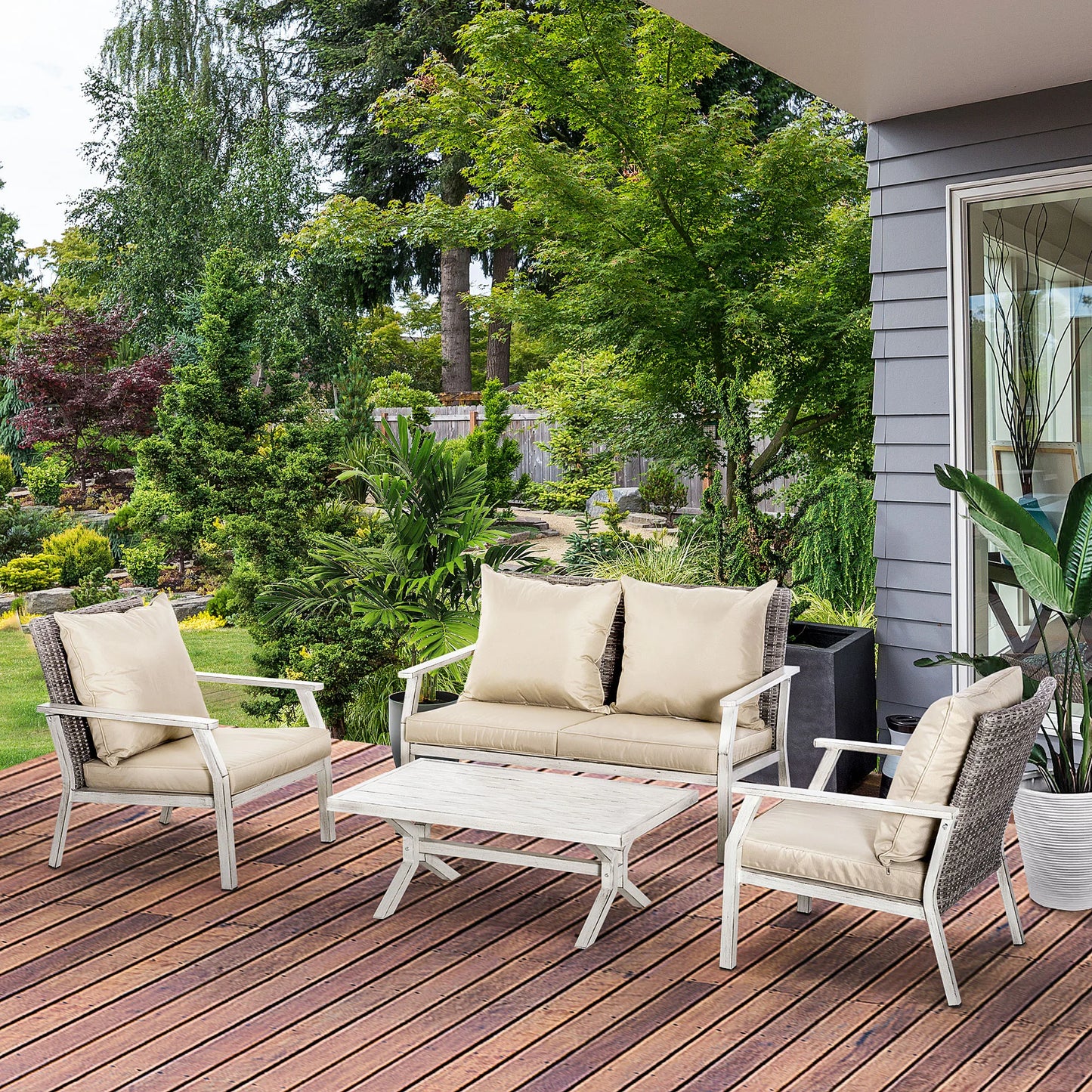 4 Pieces Patio Wicker Conversation Set, Outdoor Pe Rattan Loveseat Furniture W/ Coffee Table Cushions for Backyard, Patio, Beige