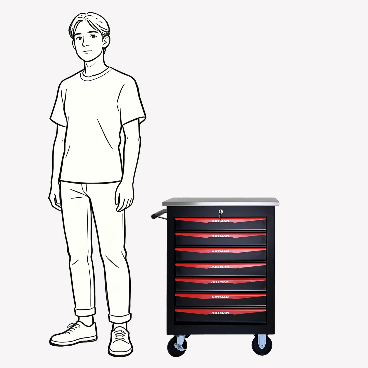ARTMAN 7-Drawer Wheeled Toolbox Trolley With Lock And Key