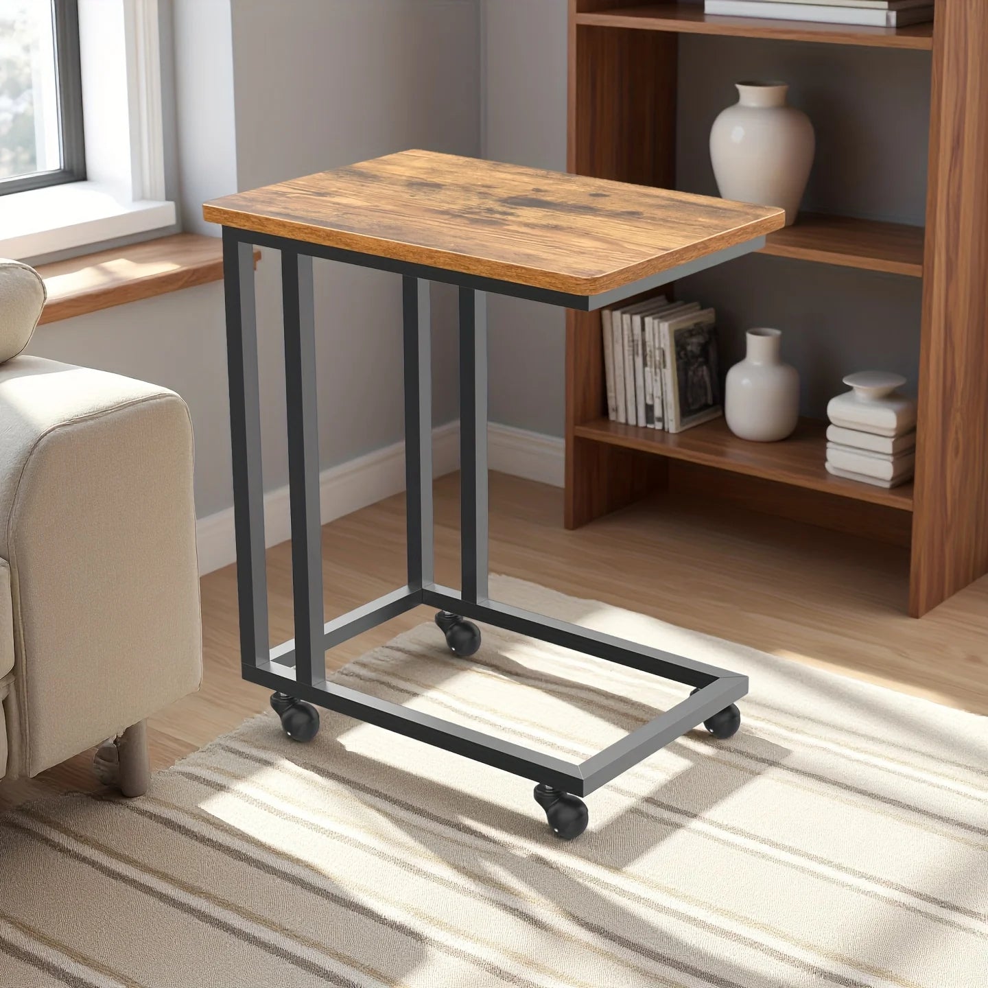 JHK Wood Sofa Table Overbed Bedside Desk With Rolling Wheels Metal Frame