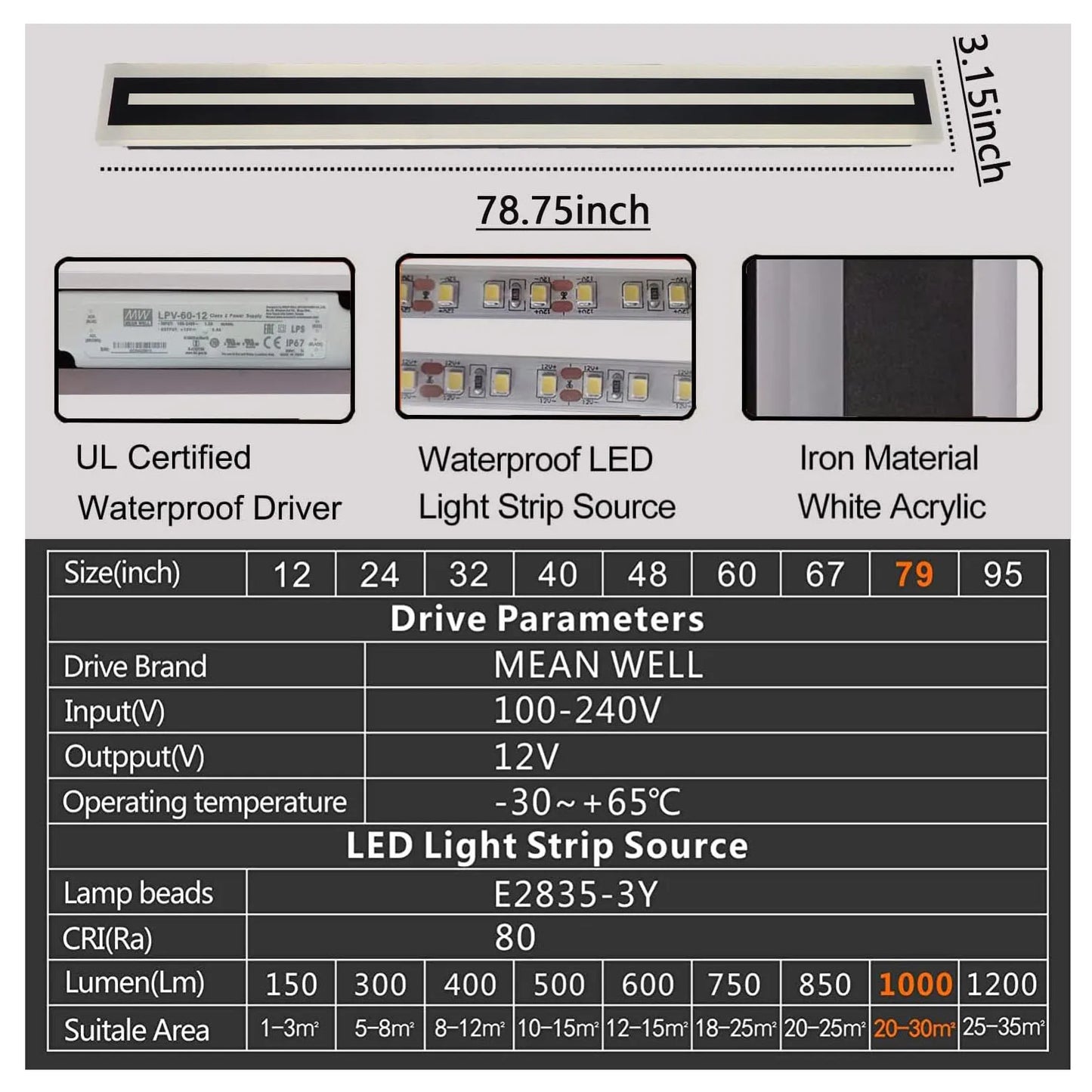 Outdoor Long Strip LED Wall Light Sconce Frosted Acrylic IP67