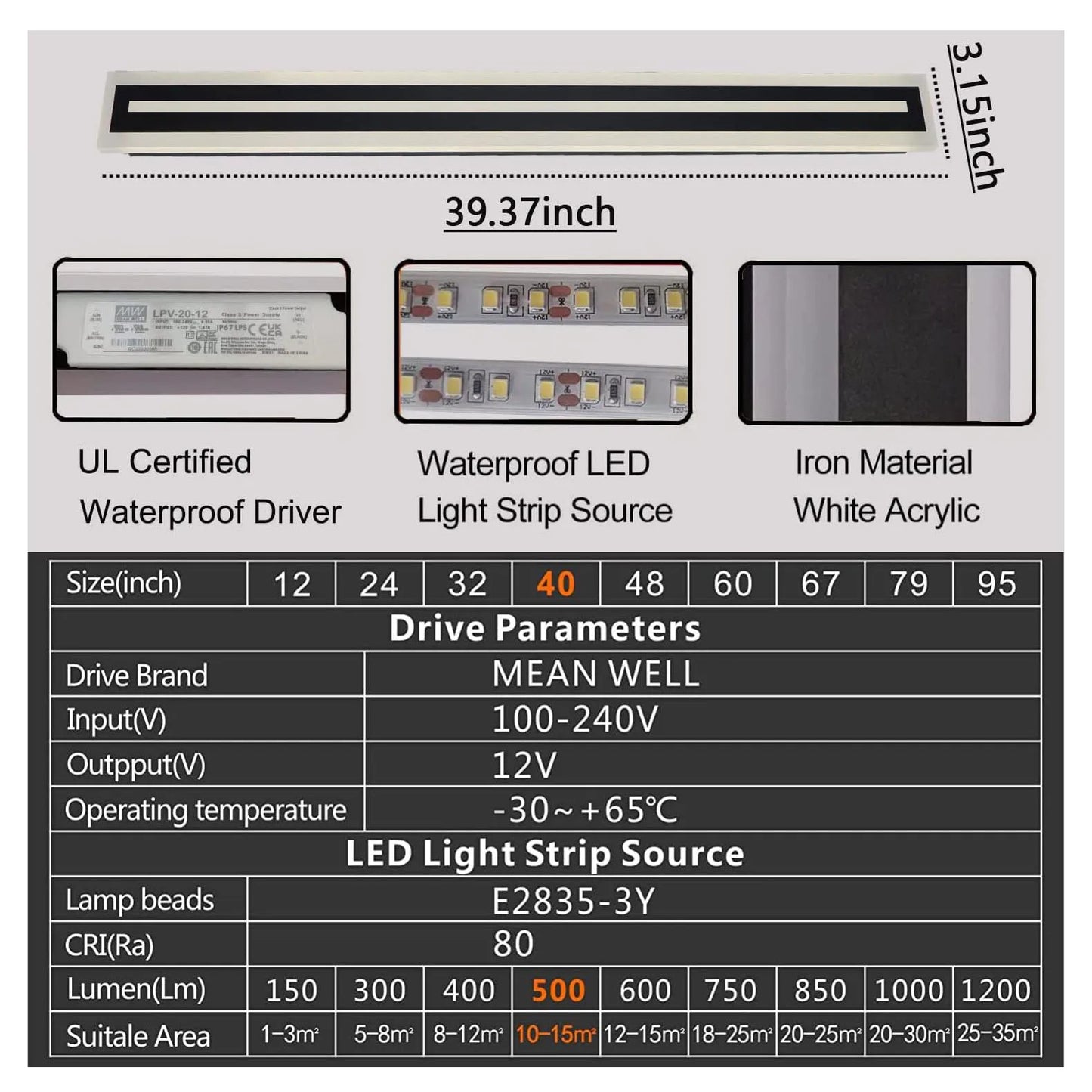 Outdoor Long Strip LED Wall Light Sconce Frosted Acrylic IP67