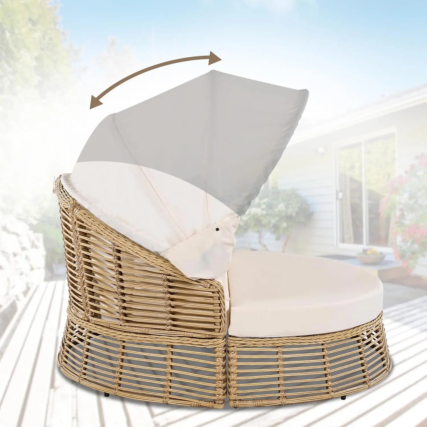 Outdoor Patio Rattan Round Daybed With Retractable Canopy Sunbed