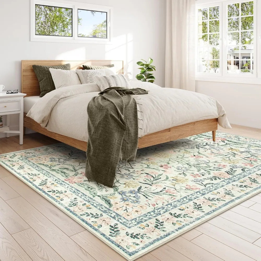 Boho Floral Distressed Area Rug Non Slip Soft Ultra Thin