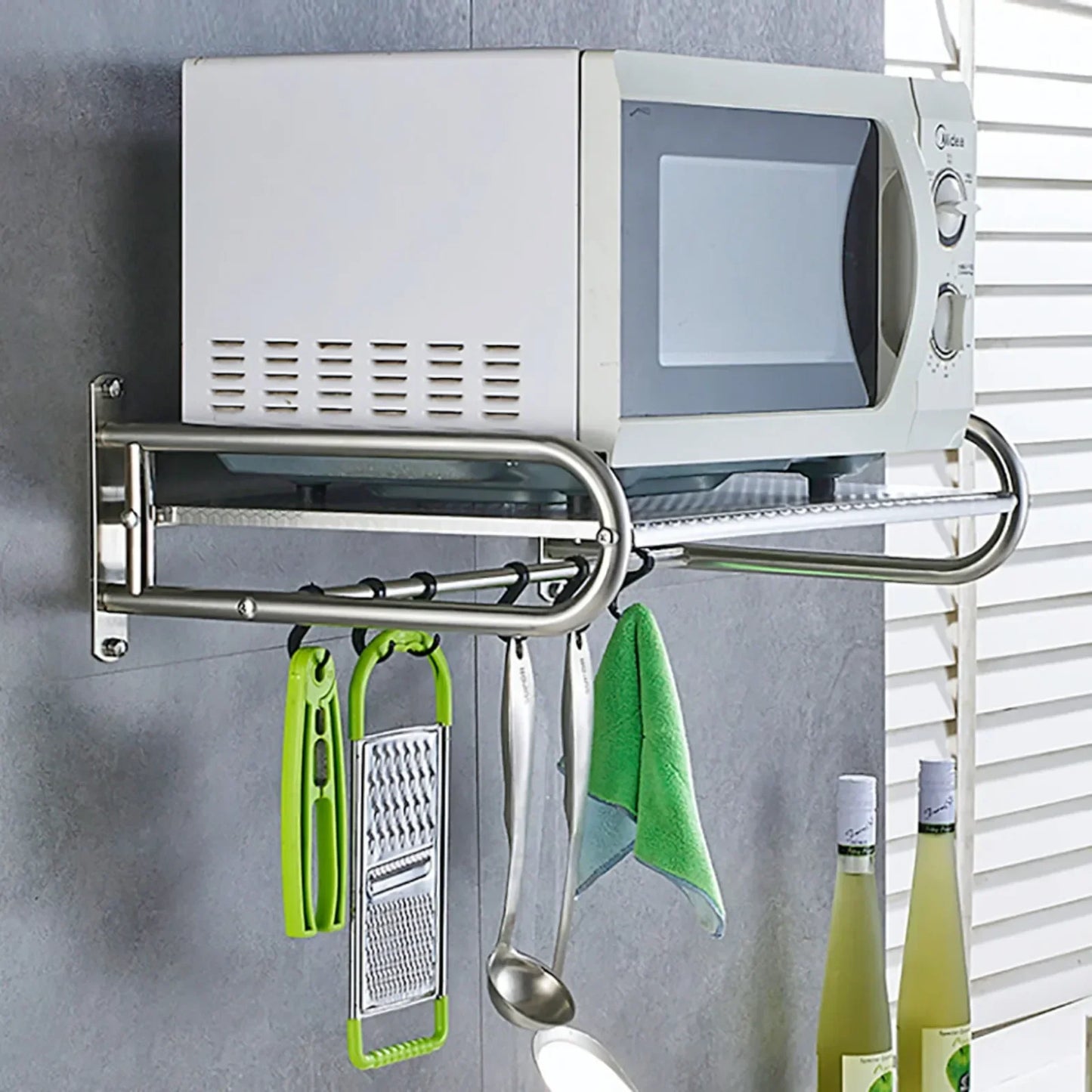 Stainless Steel Microwave Utensil Shelf Wall Mount With 6 Hooks