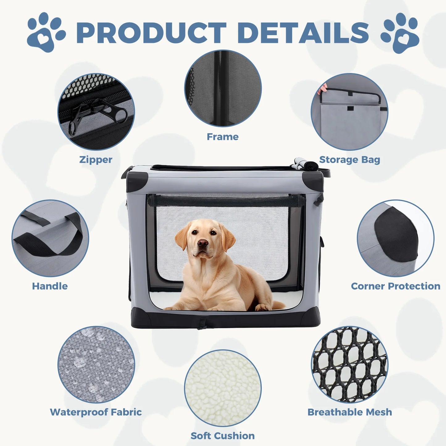 JHK Foldable Soft Dog Crate With 3 Doors For Indoor