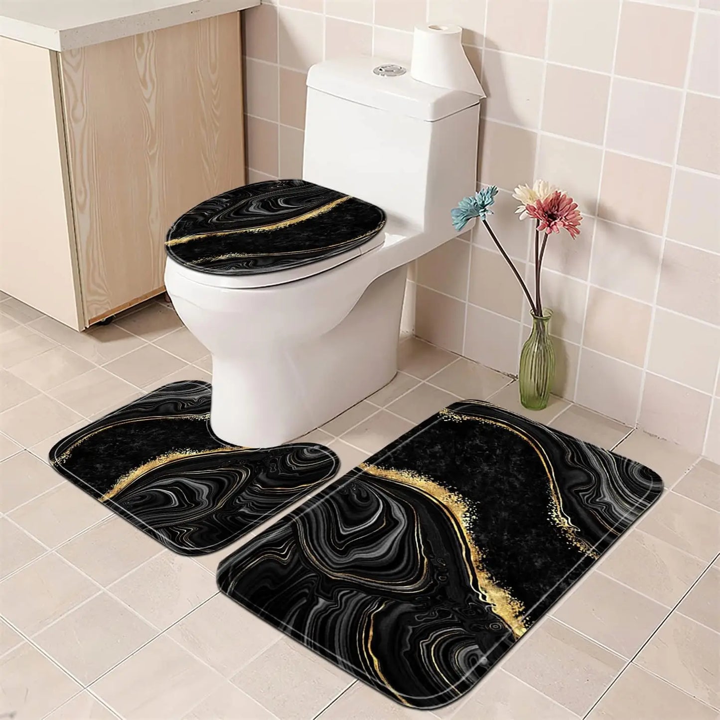 Shower Curtain Set With Toilet Lid Cover Rugs Modern Abstract Bathroom Decor