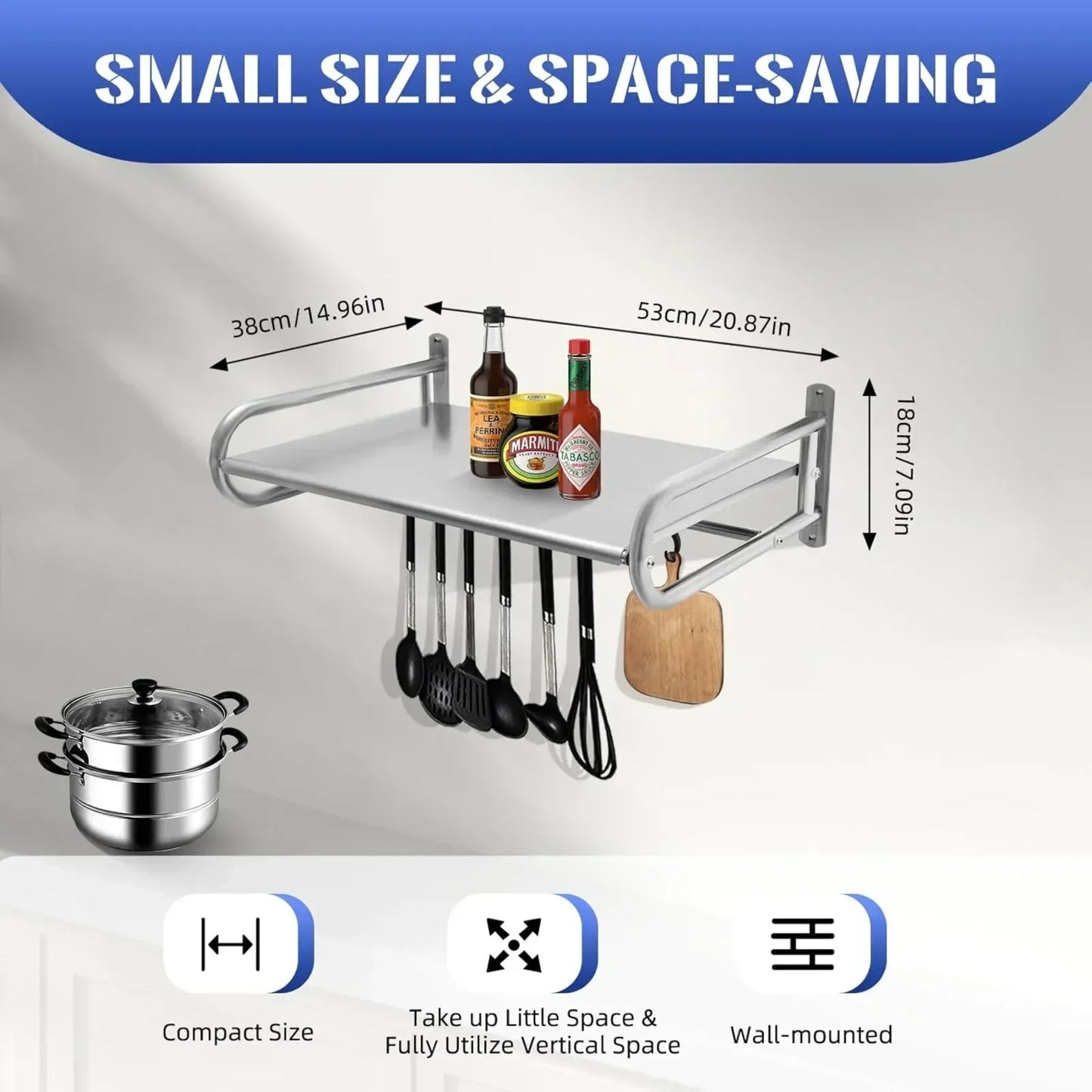 Stainless Steel Microwave Utensil Shelf Wall Mount With 6 Hooks