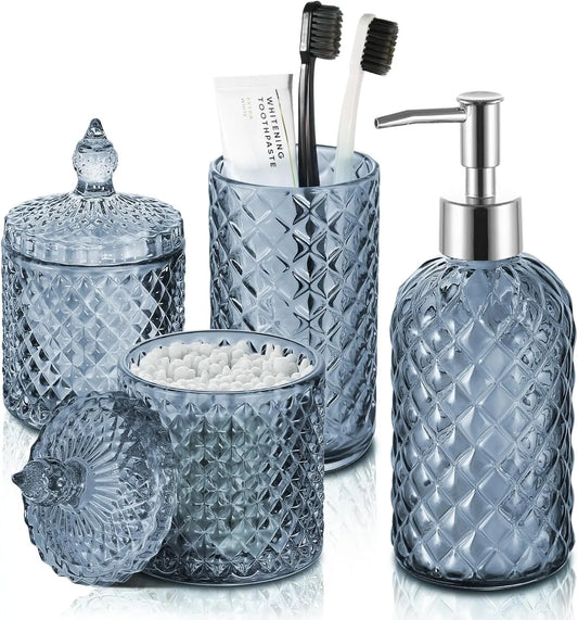 Diamond Pattern Glass Bathroom Set 4-Piece Soap Dispenser And Holders