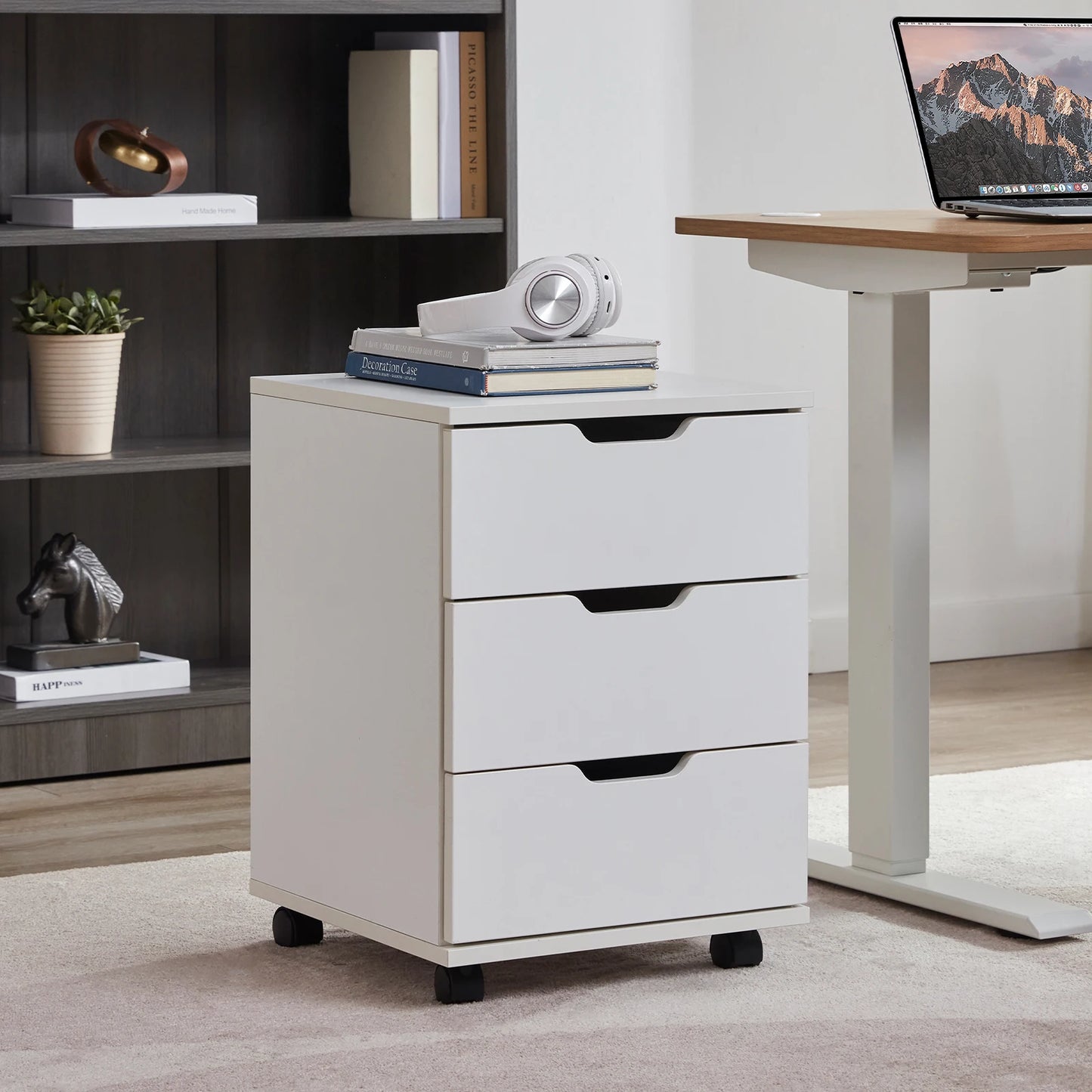 Farini 3-Drawer Under Desk Wooden File Cabinet with Lockable Caster Storage Cabinets for Home Office,White,Required Assembly